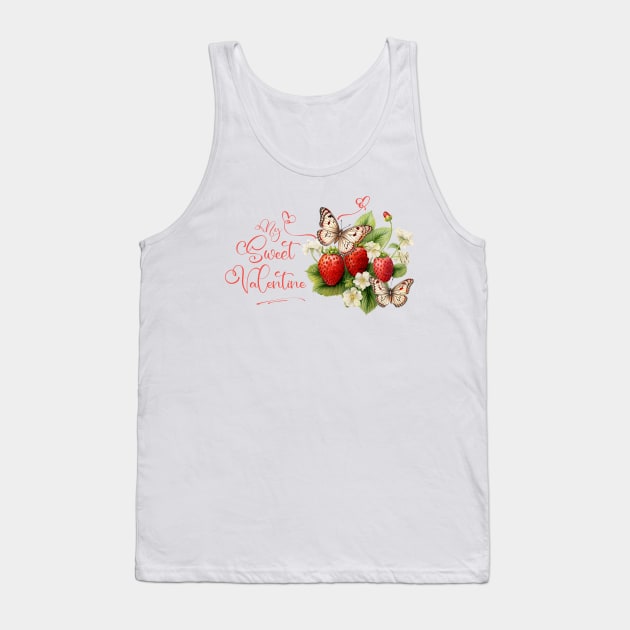 Sweet Valentine with Red Strawberry Fruits, Flowers, and Butterflies, Tank Top by Biophilia